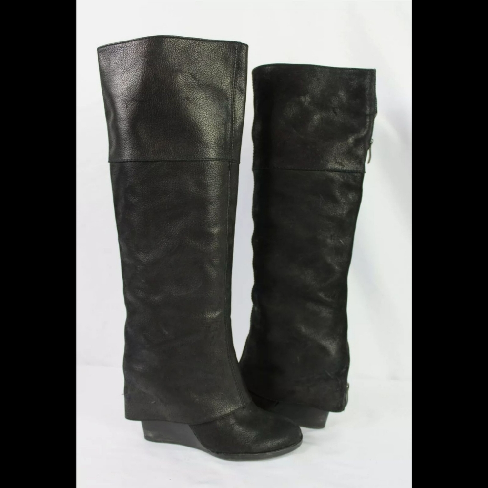 Vince Camuto Black Leather Knee High Abril Wedge Boots 7.5.